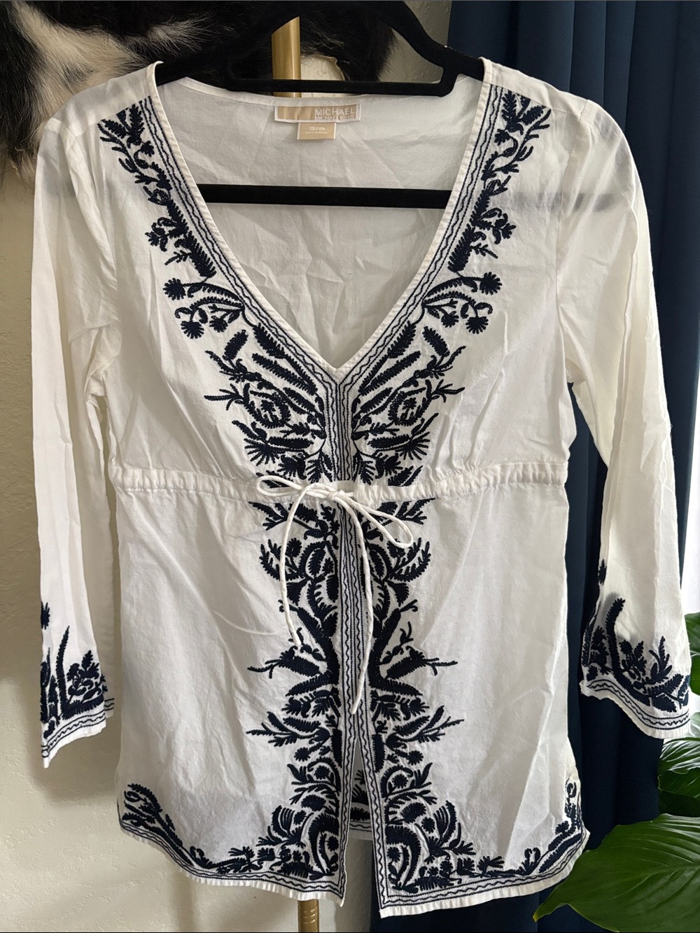 MICHAEL Michael Kors White Tunic with Navy Embroidery